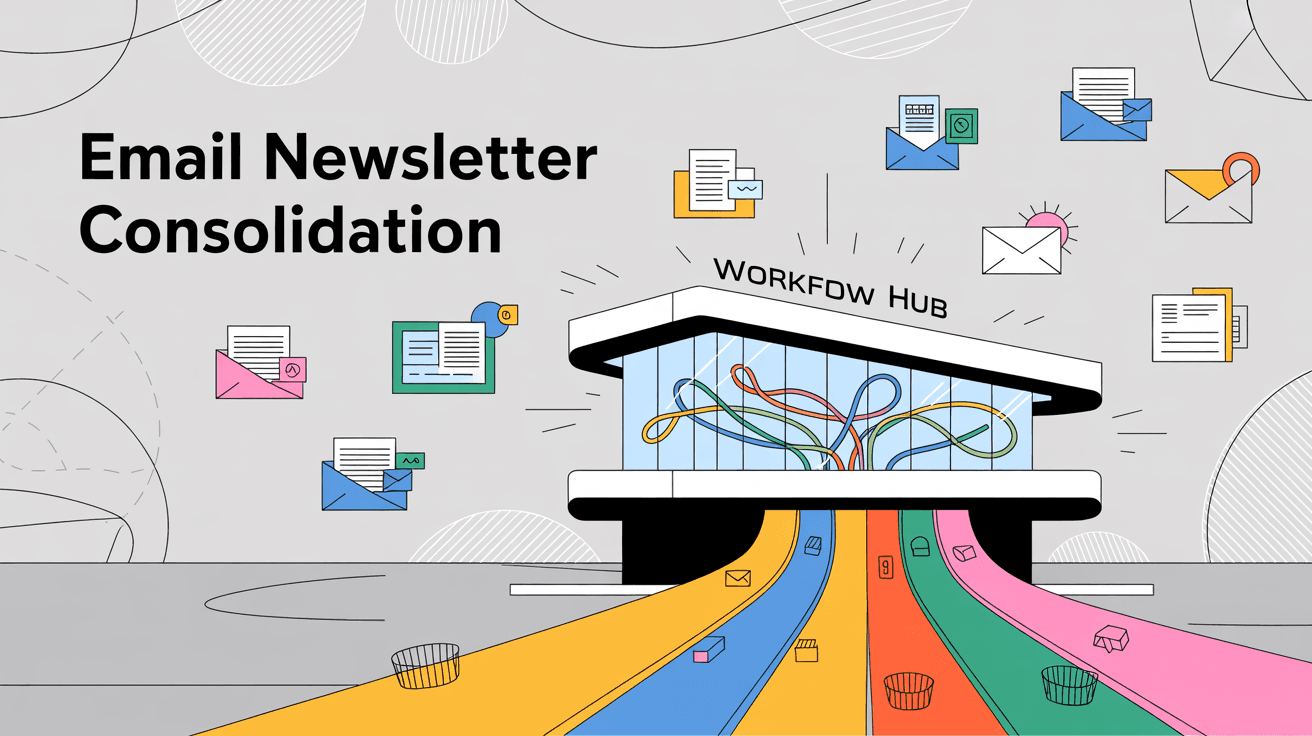 Email newsletter consolidation workflow showing multiple newsletters flowing into central processing hub to create single organized digest